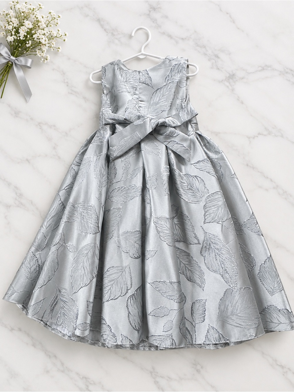 Silver Leaf-Print Bow Back Girls' Dress